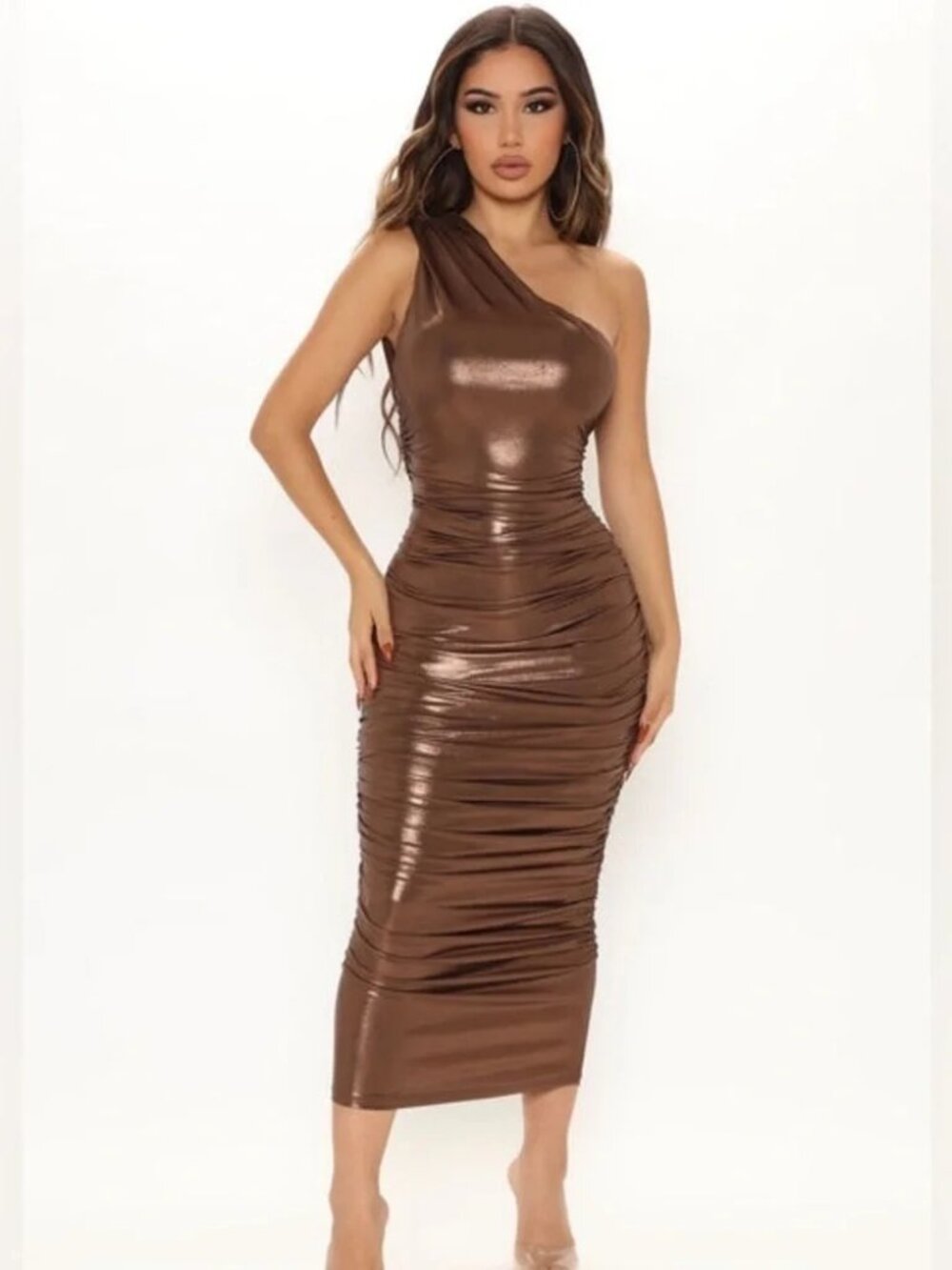 FASHION NOVA Kaelynn Metallic Midi Dress - Bronze